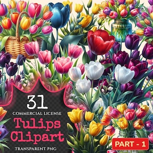 Tulips PNG Clipart Collection - 31 PNG, Vibrant spring blooms illustrations, Bold tulip printables, Commercial use, Digital download