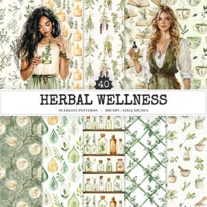 Herbal Wellness Seamless Patterns, Herbal meadow JPEG, Flora and herbs pattern, Botanical garden repeating pattern, Digital scrapbook paper