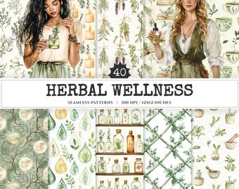 Herbal Wellness Seamless Patterns, Botanical Scrapbook Paper (Digital Download)