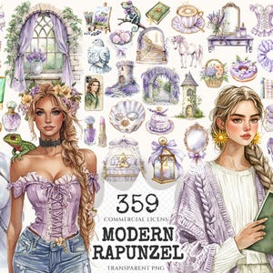 Modern Rapunzel Watercolor Clipart Set - 355+ transparent PNG, Fantasy cottagecore graphics, Fairytale art, Commercial use, Digital download