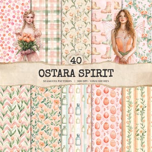 Peut inclure: Ensemble de 40 motifs sans couture avec une esthétique aquarelle. Les motifs présentent des motifs floraux, des œufs de Pâques et d'autres éléments sur le thème du printemps. Le texte "OSTA SPIRIT" est affiché sur une bannière en papier déchiré, 30,48 cm x 30,48 cm.