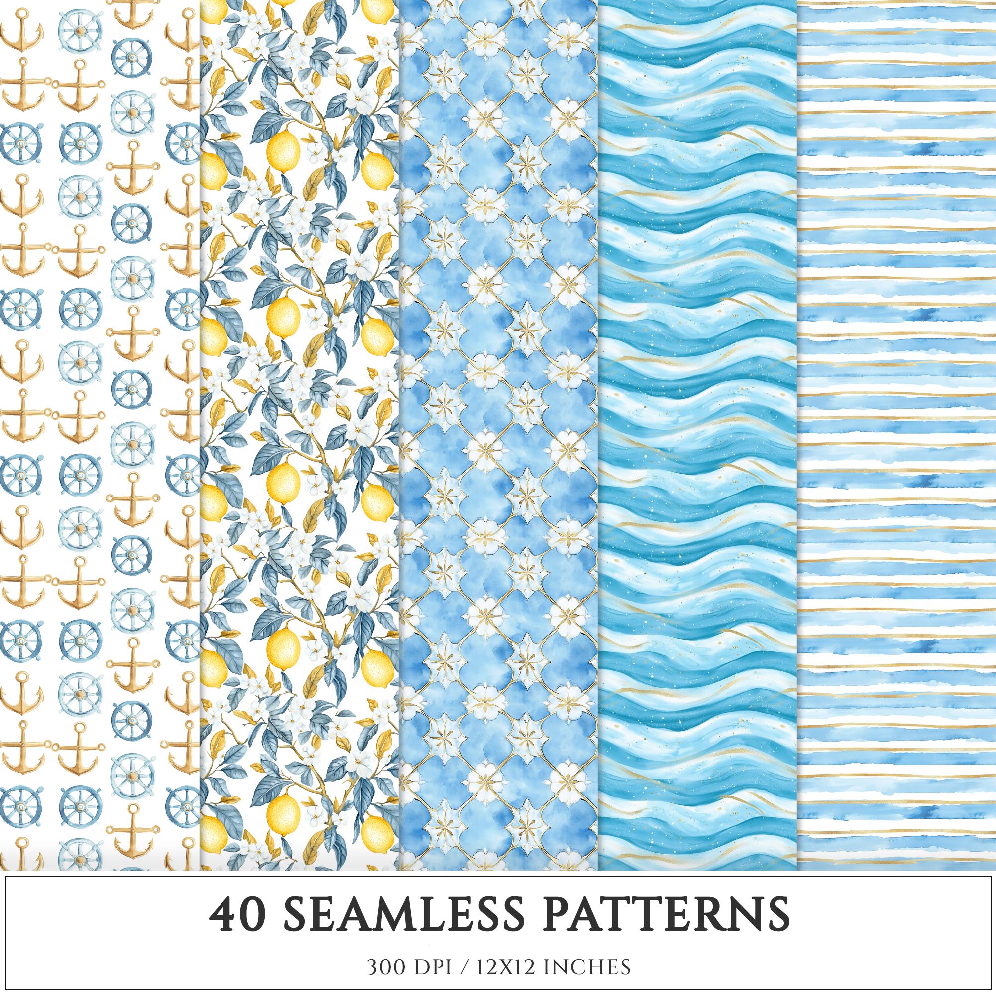 Capri Blue Seamless Patterns, Mediterranean, Seashells, Pampas (digital ...
