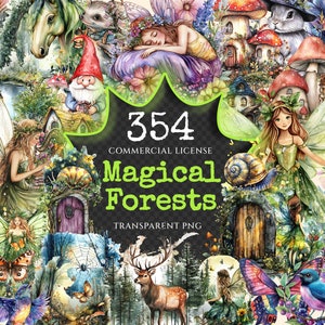 Magical Forests Watercolor Clipart Bundle - 350+ transparent PNG, Magical forest graphics, Nature images, Commercial use, Digital download