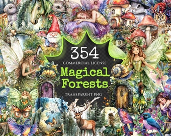 May include: A collage of 354 watercolour illustrations featuring magical forest creatures, fairies, mushrooms, and other whimsical elements. The text "354 Commercial License Magical Forests Transparent PNG" is displayed on a green and black background.