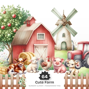 May include: Watercolor illustration of a farm scene with a red barn, windmill, and tractor. Features a calf, lamb, chicken, pig, and goat. A tree with red and green apples is on the left. The text "64 Cute Farm" is at the bottom.