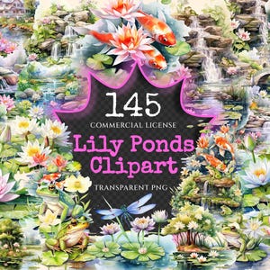 Lily Ponds Watercolor Clipart Bundle - 140+ transparent PNG, Frog pond illustrations, Lovely lily graphics, Commercial use, Digital download