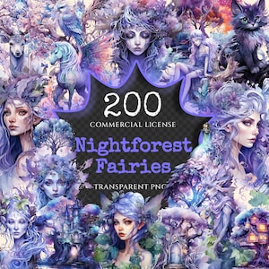 Nightforest Fairies Watercolor Clipart Bundle - 197+ transparent PNG, Magical illustrations, Fantasy images, Commercial use,Digital download