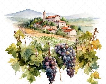 Watercolor Vineyard Clipart – Italian Landscape, Commercial Use (Digital Download)