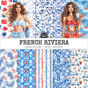 French Riviera Seamless Patterns, Summer beach JPEG, Sea pebble pattern, Shells, Seagull, Seaside repeating pattern, Digital scrapbook paper