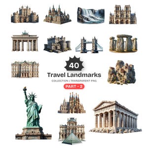 May include: A digital collection of 40 travel landmarks featuring illustrations of castles, cathedrals, the Statue of Liberty, Tower Bridge, Stonehenge, and the Parthenon. The central text reads 40 Travel Landmarks Collection | Transparent PNG Part - 2.