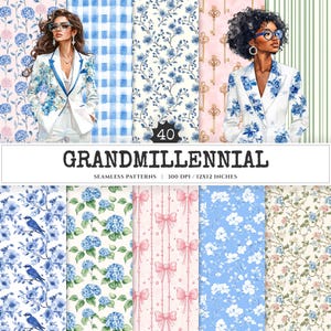 Grandmillennial Seamless Patterns, Chinoiserie JPEG, Pastel floral pattern, Stripes and plaid repeating pattern, Digital scrapbook paper