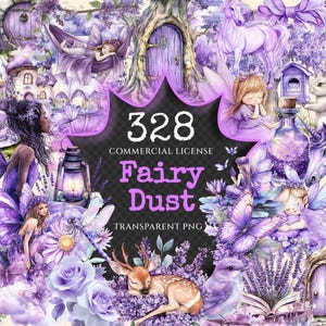 May include: A digital clipart set of 328 fairy dust themed images with a commercial license. The images are in a watercolour style and feature fairies, butterflies, flowers, unicorns, and other magical elements. The images are perfect for creating invitations, cards, scrapbook pages, and other craft projects.
