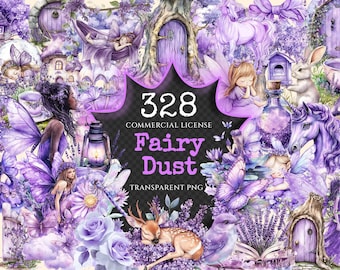 May include: A digital clipart set of 328 fairy dust themed images with a commercial license. The images are in a watercolour style and feature fairies, butterflies, flowers, unicorns, and other magical elements. The images are perfect for creating invitations, cards, scrapbook pages, and other craft projects.