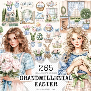 Grandmillenial Easter Watercolor Clipart Set - 260+ transparent PNG, Easter toile graphics, Chinoiserie png, Commercial use,Digital download