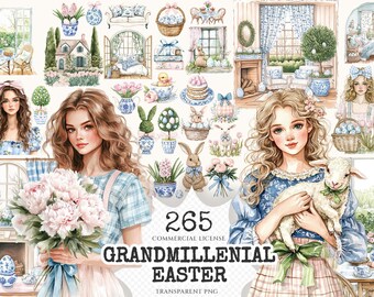 Grandmillennial Easter Watercolor Clipart Set – Toile & Chinoiserie (Digital Download)