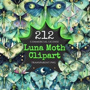 Luna Moth Watercolor Clipart Bundle - 210+ transparent PNG, Nocturnal whimsy graphics, Mystical moth art, Commercial use, Digital download