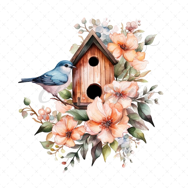 21 High-Quality Bird Houses Clipart - Bird house digital watercolor JPG instant download for commercial use - Digital download