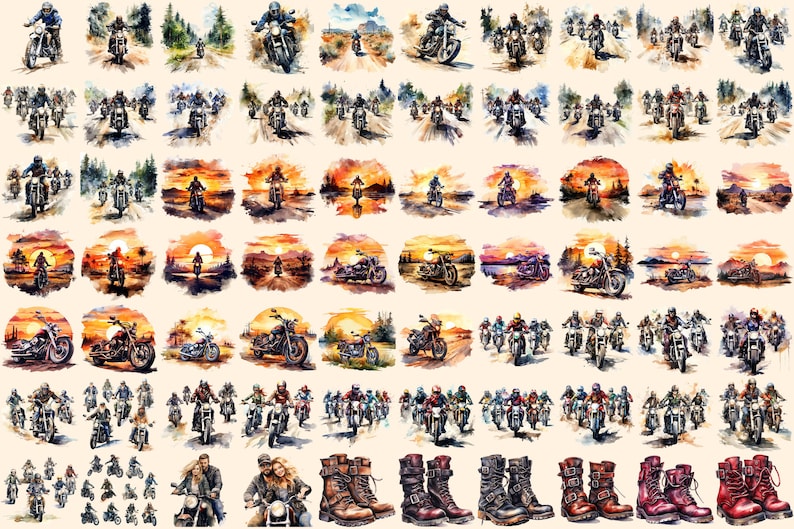 Bikers Watercolor Clipart Bundle - 480+ transparent PNG, Road warrior enthusiast illustrations, Motorbike, Commercial use, Digital download