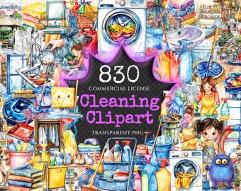 Watercolor Cleaning Clipart Bundle – Sanitation PNG, Commercial Use (Digital Download)