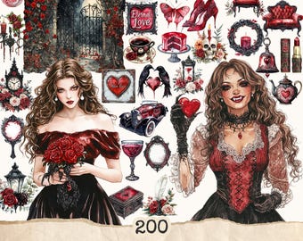 May include: A digital clipart set titled "200 Vampire Valentine Bite." The image features watercolor illustrations of gothic and romantic elements, including roses, hearts, a vintage car, a vampire woman, and other Valentine's Day themed items in shades of red, black, and white.