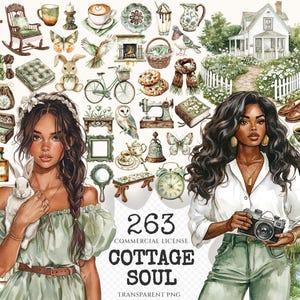 Cottage Soul Watercolor Clipart Set - 260+ transparent PNG, Cottagecore graphics, Rustic planner images, Commercial use, Digital download