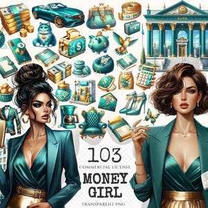 Money Girl Clipart Set - 100+ transparent PNG, Finance planning illustrations, Bank cash printables, Commercial use, Digital download