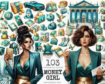 Money Girl Clipart Set – Finance Illustrations, Bank Cash (PNG Digital Download)