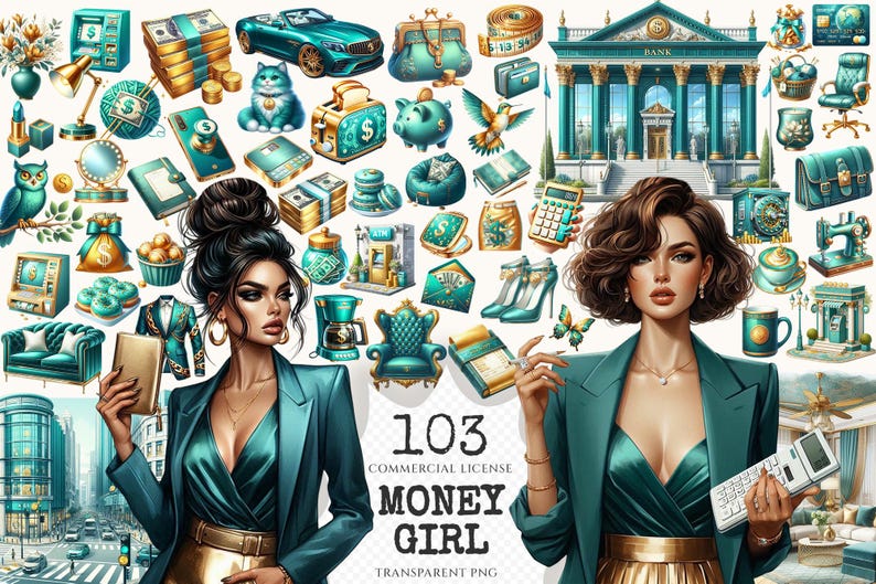 Money Girl Clipart Set - 100+ transparent PNG, Finance planning illustrations, Bank cash printables, Commercial use, Digital download
