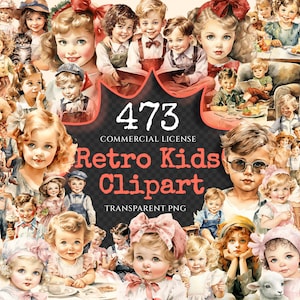 Retro Kids Watercolor Clipart Bundle - 470+ transparent PNG, Nostalgic kids art, Childhood vintage images, Commercial use, Digital download