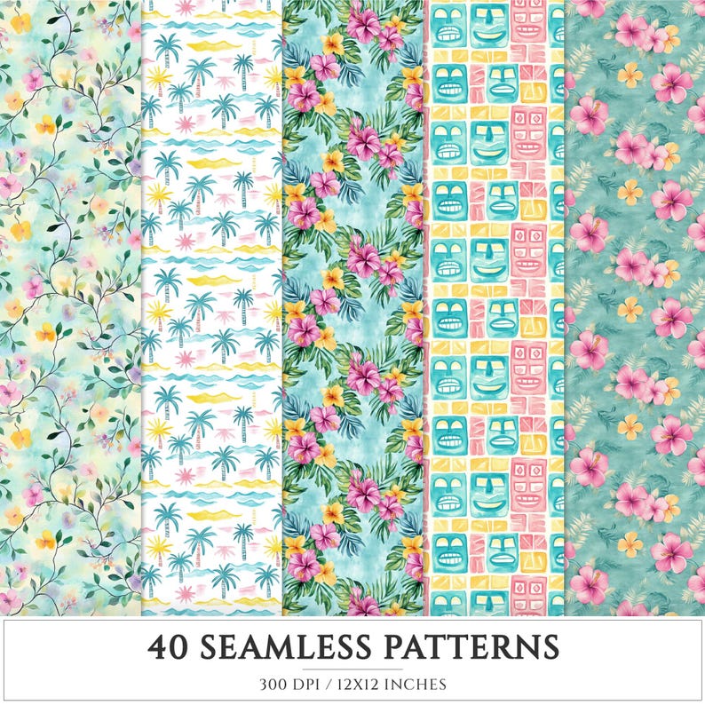 Tropical Island Watercolor Seamless Patterns, Beach Digital Paper (JPEG ...