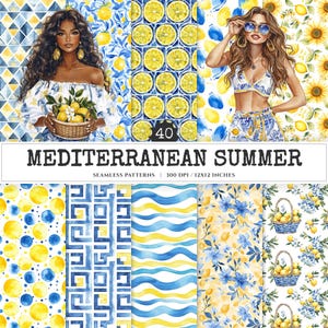 Mediterranean Summer Seamless Patterns, Summer JPEG, Greek & italian tile pattern, Lemon delight repeating pattern, Digital scrapbook paper