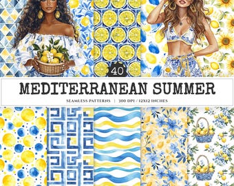 Mediterranean Summer Seamless Pattern Set, Tile Designs (Digital Download)