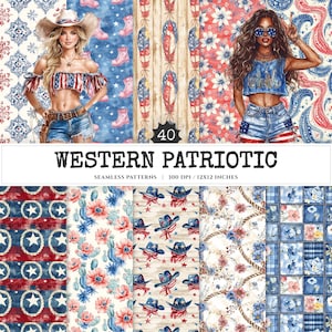 Western Patriotic Seamless Patterns, 4th July JPEG, American flag pattern, Cowboy hat & boots repeating pattern, Digital scrapbook paper