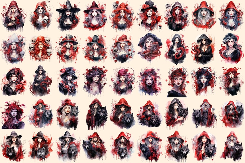 Gothic Witches Watercolor Clipart Bundle – Fantasy PNG Graphics ...