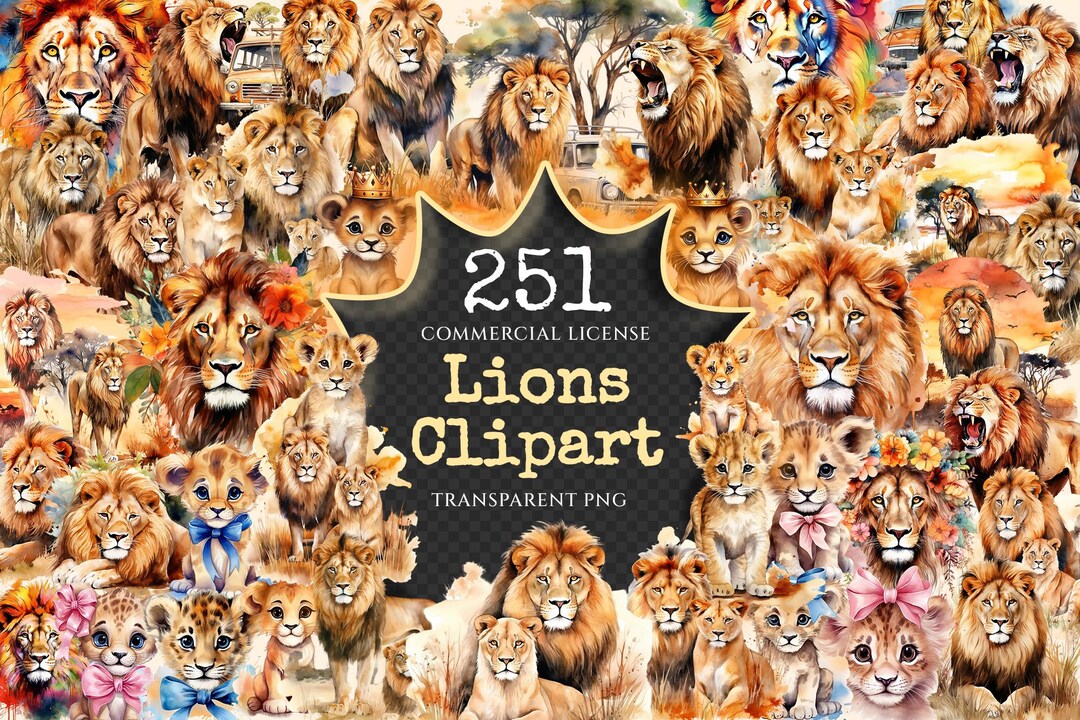 Watercolor Lion Clipart Bundle – 248+ PNG Graphics, Commercial Use ...