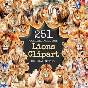 May include: A collection of 251 watercolor illustrations of lions in various poses and sizes. The lions are depicted in a variety of colors, including brown, orange, and yellow. The illustrations are perfect for use in digital scrapbooking, card making, and other creative projects.