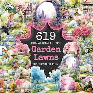Garden Lawns Watercolor Clipart Bundle - 615+ transparent PNG, Verdant garden graphics, Spring landscape, Commercial use, Digital download