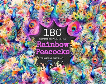Watercolor Rainbow Peacock Clipart – 175+ Bird PNG (Digital Download)