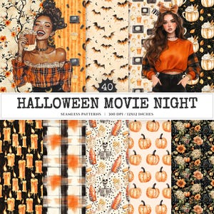 May include: A selection of Halloween-themed seamless patterns featuring bats, pumpkins, candles, and floral designs. The image includes the text "Halloween Movie Night" and "Seamless Patterns | 300 DPI / 12x12 Inches".