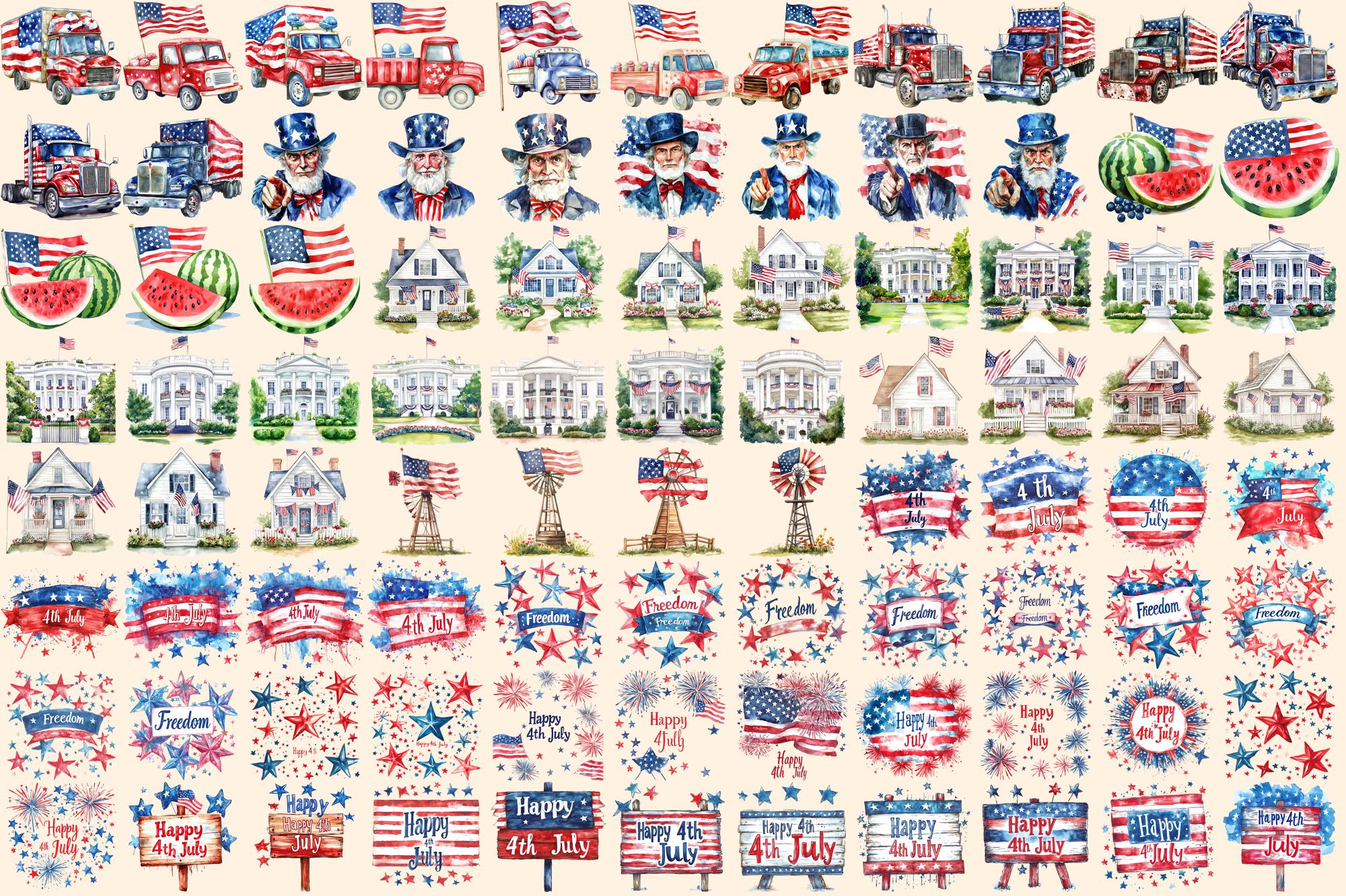 4th of July Watercolor Clipart Bundle – Patriotic PNG Graphics (digital ...