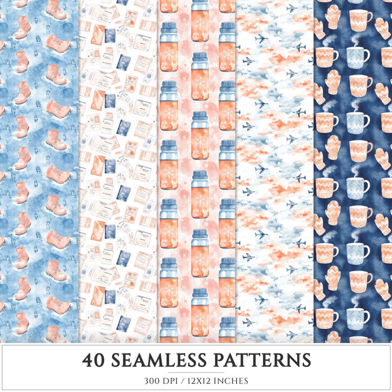 Travel Pattern Paper Winter Expedition Seamless Patterns, Travel Scrapbook Paper (digital ...