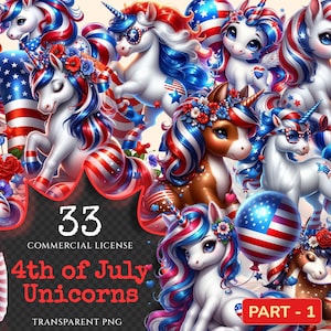 4th of July Unicorns PNG Clipart Collection - 33 PNG, Patriotic unicorn graphics, Festive printables, Commercial use, Digital download