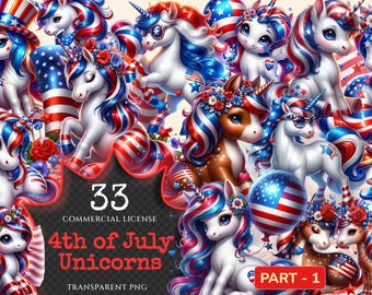 4th of July Unicorn Clipart – Patriotic PNG Graphics (Digital Download)