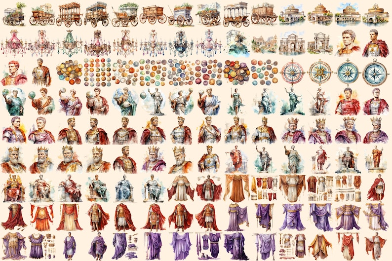 Ancient Rome Watercolor Clipart Bundle - 860+ transparent PNG, Classical empire graphics, Ancient roman, Commercial use, Digital download