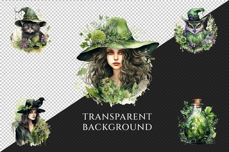 Herbal Witches Watercolor Clipart Bundle - 310+ transparent PNG, Whimsical fantasy graphics, Enchanted png, Commercial use, Digital download