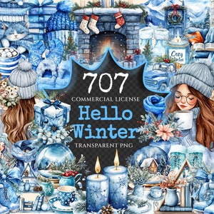 Hello Winter Watercolor Clipart Bundle - 700+ transparent PNG, Cozy winter graphics, Frosty blue holiday, Commercial use, Digital download