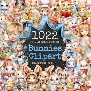 Bunnies Watercolor Clipart Bundle - 1018+ transparent PNG, Cute rabbit illustrations, Whimsical bunny png, Commercial use, Digital download