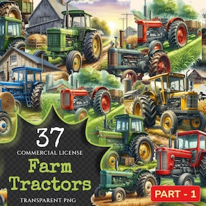 May include: A collection of 37 vintage farm tractors in various colors and styles, including red, green, blue, and yellow. The tractors are set against a backdrop of a farm scene with fields, trees, and a barn. The image is labeled "37 Farm Tractors Part - 1".