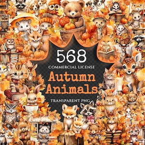 Autumn Animals Watercolor Clipart Bundle - 564+ transparent PNG, Charming autumn animal png, Fall pet png, Commercial use, Digital download