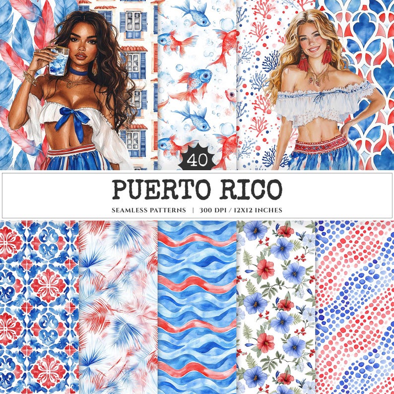 Puerto Rico Seamless Pattern, Tropical Bloom, Palm Leaves (digital ...